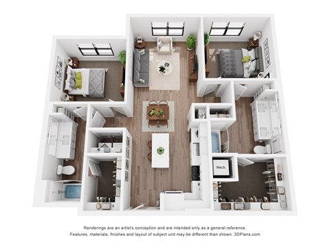 A 3D floor plan of a house with a kitchen, living room, and two bedrooms.